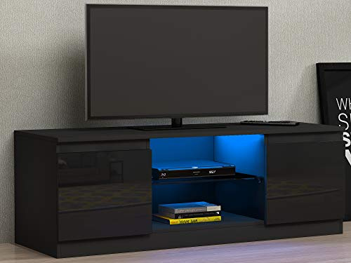 Panana Modern High Gloss Doors LED TV Unit Cabinet 120cm TV Stand with Glass Shelf, Storage Sideboard with Doors for 55 Inch TV, Living Room Entertainment Centre, Black