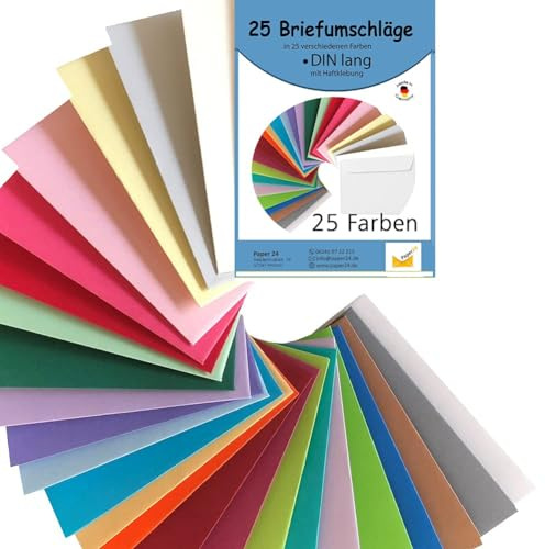 Paper24 25 Briefumschläge bunt din lang in 25 unterschiedlichen Farben als Set im Format 110x220 mm, haftklebend, ideal Geschenkidee Umschläge DIN lang bunt
