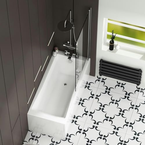 Cesar 1600 x 700mm Designer Single Ended Square Edge Acrylic Bath + Bath Square Screen with Front & End Panel Straight Bathroom Bathtub