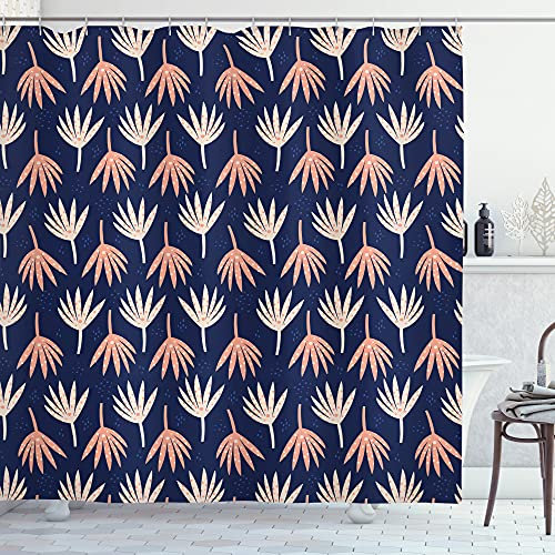 ABAKUHAUS Navy blau Duschvorhang, Pastel Abstract Pflanze, Stoffliches Gewebe Badezimmerdekorationsset mit Haken, 175 x 180 cm, Koralle und Pfirsich