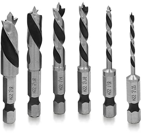 Mesee 6 Pieces HSS SAE Stubby Drill Bits, 1/4 Hex Shank Quick Change Brad Point Stubby Bit Set Woodworking Drilling Tool for Wood and Soft Metals Aluminum Iron Sheet Copper