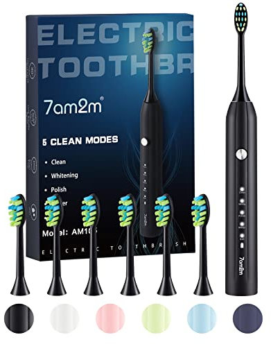 7AM2M Sonic Electric Toothbrush for Adults and Kids with 6 Brush Heads, 5 Modes with 2 Minutes Build in Smart Timer, One Charge Use for 90 Days, Rechargeable Toothbrushes (Black)