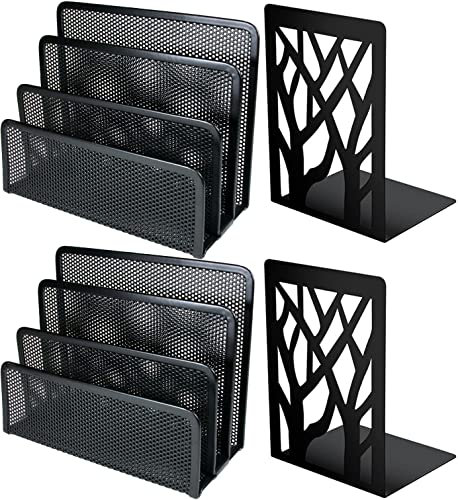 2 Stück Schreibtisch Organizer, Briefständer mit 3 Fächern Schreibtisch Ordner Organizer Briefhalter Metall Zeitschriftenständer Buchständer für Schule und Büro mit 1Paar Buchstützen