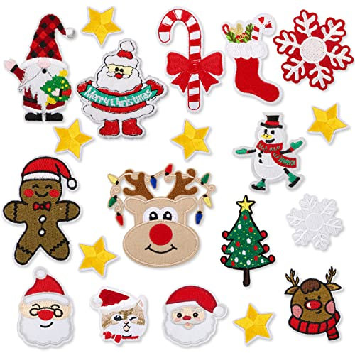 20 Stk Aufnäher zum Aufnähen und Aufbügeln + 1* Nähsets für Weihnachten Weihnachtsmann Applikationen Schneemann Aufbügel Patches Hirsch Aufbügler Schneeflocke Flicken Santa für Jeanskleidung