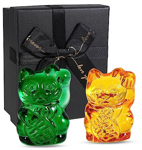 Soulnioi Glückskatzen-Statue, Glückskatze aus Kristall, Mini-Katzen, Geldkatzen, Ornament, Feng Shui, Dekoration für Zuhause, Büro, Desktop-Dekoration, Geburtstagsgeschenk – 7 cm, Grün & Gelb