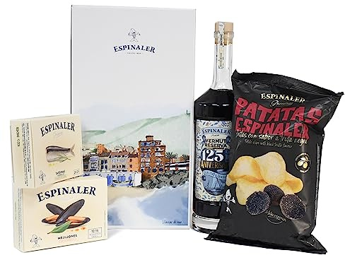 Espinaler Cesta Gourmet Aperitivo Premium 125 Aniversario - Pack Regalo con Vermut Reserva Rojo, Sardinillas y Mejillones Premium, Patatas Fritas con Sabor a Trufa, en Caja Estuche para Regalo