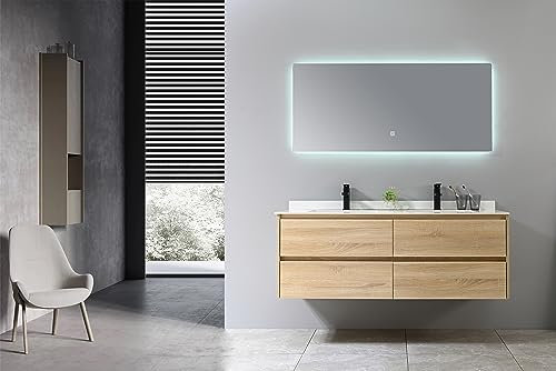 Generic LuxuryBain- Mobile da bagno doppio lavabo in legno e bianco, effetto marmo con specchio LED LB-8475