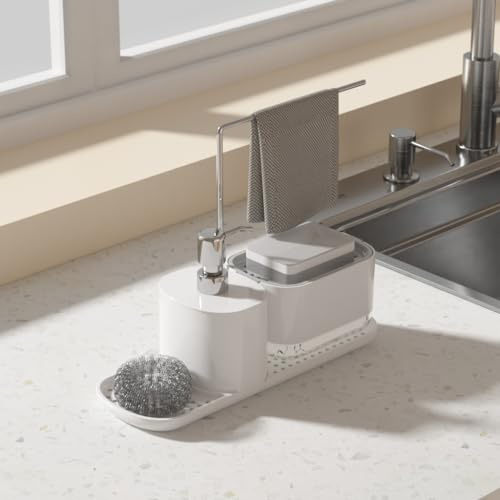 MATE HOME Dosificador Jabon Cocina, dispensador jabon Organizador de Fregadero con Bandeja y Soporte para Esponja, detergente Cocina Recargable，Dispensadores de Bomba de jabón y Porta esponjas