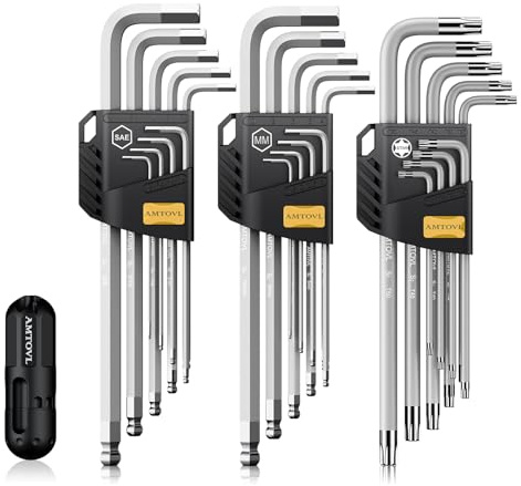 AMTOVL Sechskantschlüssel Satz, Magnetischer S2 Stahl 27PCS Sechskantschlüssel & Sternschlüssel Satz mit T-Griff Innensechskant Satz SAE(1/16-3/8) Metrisch(1.5mm-10mm) Stern(T10-T50)
