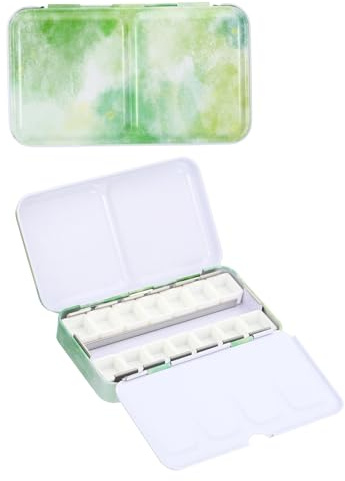 PATIKIL Leere Aquarellpalette Metallische Aquarelldose Farbkasten Grün | Mit Deckel, Mit 14 Halbnäpfen, Für Reisen Gouache Ölmalerei, Stil 2