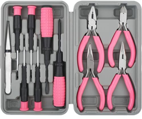 Hi-Spec Compact Craft & Home Repair Tool Kit for Women with Case, Pink | Careful device opening, neat small-part storage, fine control for repairs, 11pc included, phones laptops PCs, easy to store