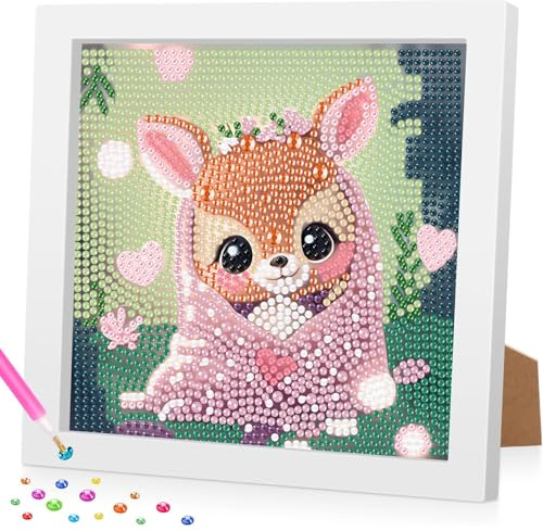 Daisen Art Diamond Painting Kinder mit Rahmen, 5D Reh Diamant Painting Bilder Kinder, DlY Cartoon Diamond Painting Set, Geeignet für dieMobeldekoration 18x18cm