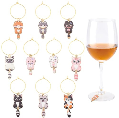 PH PandaHall 10Pcs Wine Glass Charms Wine Glass Identifiers with Cat Charms Wine Glass Markers Tags Cat Themed Enamel Charms Identifier Rings Tags Drink Markers Wine Tasting Party Favors Decorations