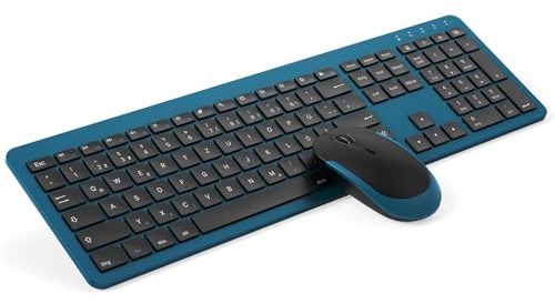 seenda SK38-3 Tastatur Maus Set Kabellos, Ultra-Dünne, Schwarz&Blau | Wiederaufladbare Funktastatur, Ergonomische Keyboard Mouse mit Silikon Staubschutz für PC/Laptop/Smart TV， QWERTZ