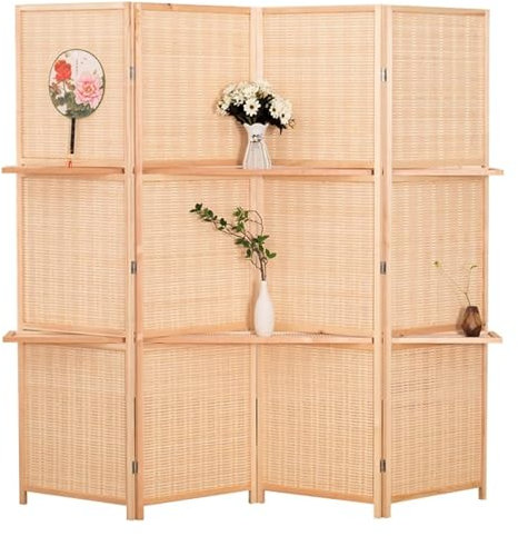 Zimmeraufteilung， Klappbare Sichtschutzwand for Tür/Flur/Ankleidezimmer, bodenstehende Raumteiler, natürliches Bambusholz(4 Panels,High 150cm/59in)