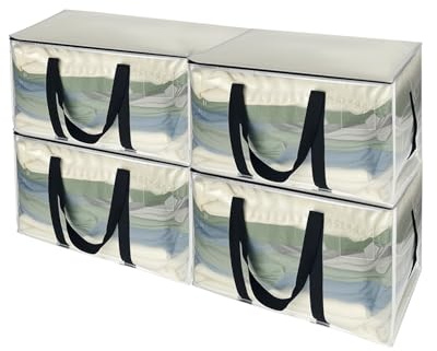 Lorrtta Storage Bags, 90L Large Capacity Clothes Storage Bags, Durable Moving Boxs With Zips 2-Way, 2 Reinforced Handles Saving Boxes, Bedding Save With Card Slot, Clear Clothing Saving, 4 Packs