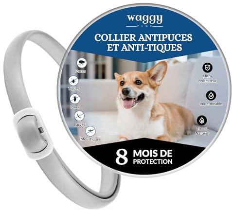 WAGGY PLUS Collar Antiparasitario Perros medianos y pequeños, Collar Antipulgas. Protección eficaz para su Mascota de pulgas, garrapatas, Larvas, piojos y Mosquitos. 100% Natural