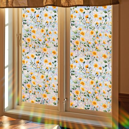 Bloss Flowers Window Privacy Film, Sunroof Decal for Car, Rainbow Sunroof Stained Glass Sticker,Spring Windows Clings Stained Glass Sunroof Decal,Sun & UV Blocking Static Cling,17x39.4Inch