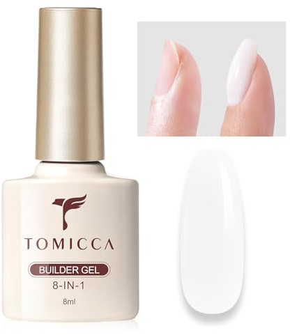 TOMICCA Builder Gel für Nägel 8-in-1 Milchig Weiß Gummy Base 8ML | Aufbaugel für Gelnägel UV/LED-Nagelgel für Nagelverlängerung, Base Coat Reparatur Verstärkung Abziehbilder und Schmuck