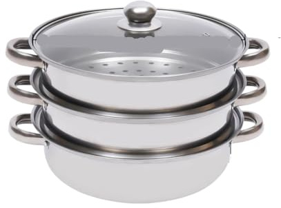 Juego de olla vaporera acero inoxidable 3 niveles 28 cm con tapas vidrio for cocinar verduras, multiusos for preparar alimentos para Dumpling Momo