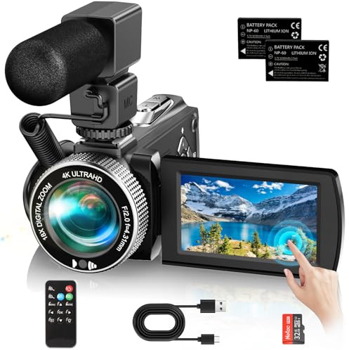 YOTOMIGUO 4K Video Camera Camcorder 48MP, 3.0 Touch Screen,18X Digital Zoom with Microphone/Remote Control/ 32G Card/ 2 Batteries