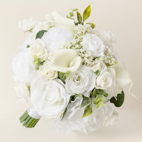 Sousi White Artificial Wedding Bouquet 23CM - Peony, Rose & Calla Lily Bridal Bouquets for Bride Bridesmaids | Wedding Decorations, Fake Flower Bouquet for Ceremony/Reception