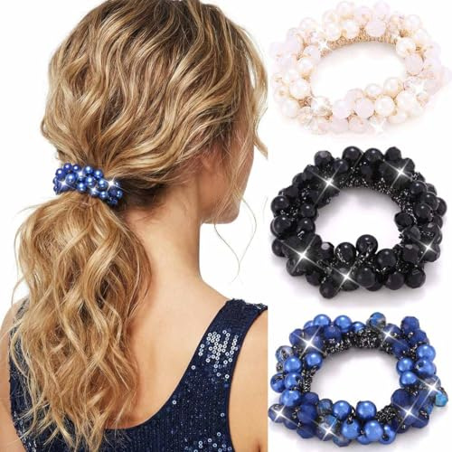 Reaky Perlen-Haargummis, schicke Pferdeschwanzhalter, Strass-Haargummis, dekorative Haaraccessoires für Damen (Weiß + Blau + Schwarz)