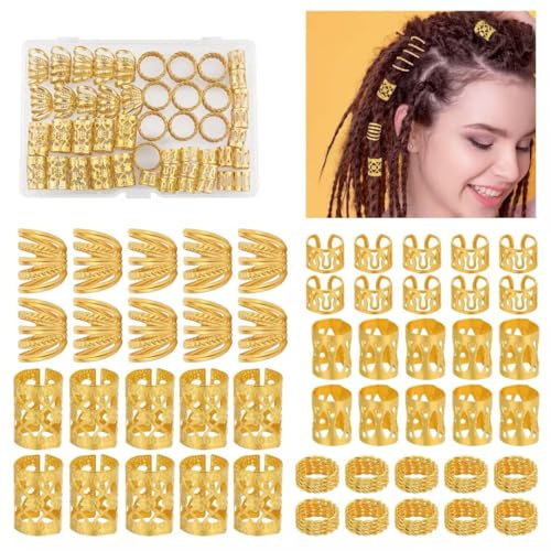 50stück Dreadlocks Schmuck, Verstellbarer Haarringe Haarperlen für Zöpfe Braids Zubehör, Loc-Schmuck mit Durchsichtiger Aufbewahrungsbox, Gold Haarschmuck für Damen Männer Haar Dekoration Festival Use