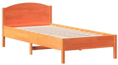 QJBSAVVA Massivholzbett 90x200 cm aus Kiefernholz, Einzelbett Holz mit Kopfteil, Stabiles Bettgestell mit Lattenrost für Schlafzimmer und Jugendzimmer, Naturholz Bett ohne Matratze, Wachsbraun
