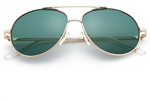 LotFancy Kids Aviator Sunglasses for Girls Boys, 100% UV Protection for Children Youth Juniors, Small Face Sun Glasses, Gold Frame & Green Lens