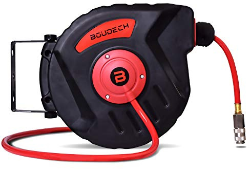 BOUDECH® HAWA 10 - Avvolgitubo ad aria compressa con supporto parete, manico ergonomico e meccanismo per bloccaggio tubo ed avvolgimento automatico (10+1MT)
