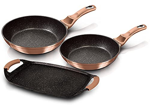 BerlingerHaus Haus Rose Gold Set Bratpfannen Induktion 22-26cm, 1 Grillplatte 36x23cm Aluminium, Antihaftbeschichtung Marmor ohne PFOA, Metallic Line Design, Geeignet für Alle Herdarten, Glaskeramik, Gas