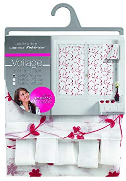 Coppia di tende dritte con passanti, 60 x 90 cm, velate, sabbiate, ricamate con piccoli fiori, colore: bianco/rosso.