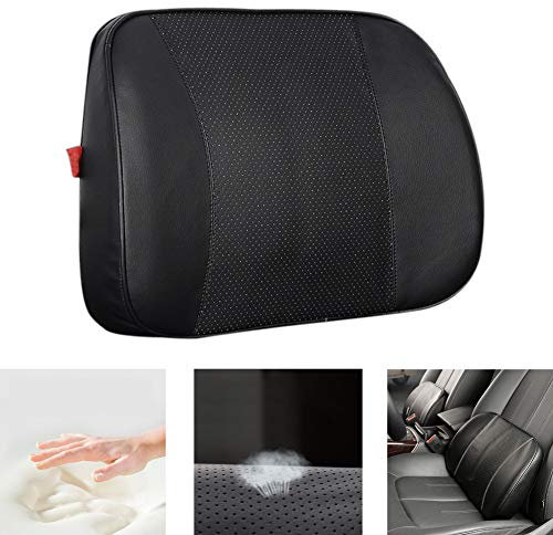 MHGLOVES Auto Lordosenstütze, Leder Rückenkissen Lordosenstütze,Rückenkissen Memory Foam Lendenwirbelstütze,Lendenkissen Für Auto Zuhause Büro (15.3X2.7X11 Zoll),Schwarz