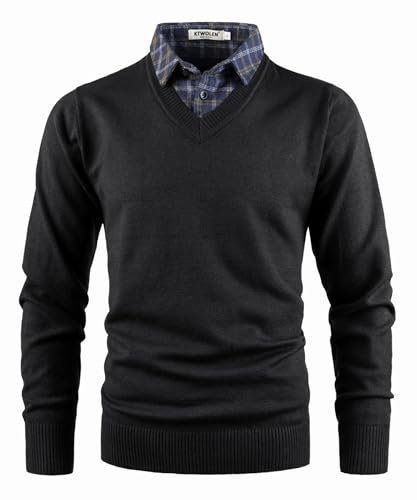 KTWOLEN Pull Homme avec Faux col de Chemise Automne Hiver Pull col Chemise à Manches Longues Pull en Tricot avec col en V, Noir, M