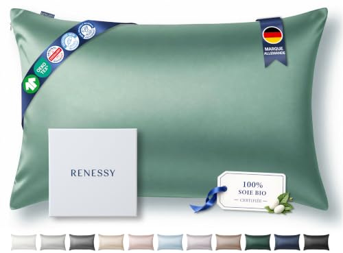RENESSY Federa in Seta 100% Bio 50x75cm - 22 Momme Seta di Gelso, Grado 6A, Certificata Oeko-Tex in Germania - Lusso per i Capelli e la Pelle, 1 Pezzo (Verde salvia)