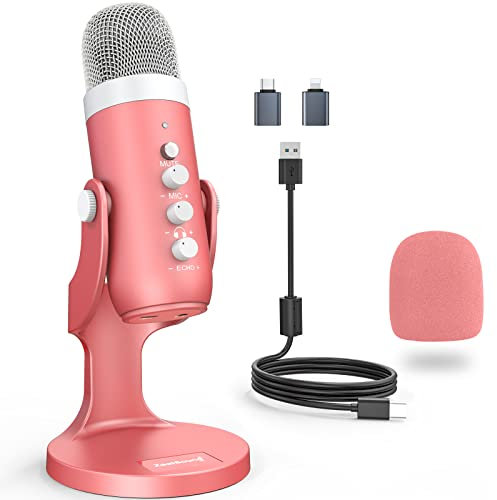 zealsound USB Mikrofon, k66 Gaming Mikrofon für iPhone Handy PC PS4&5, mit Stummtaste, Rauschunterdrückungsmodus, Echo/Monitor jack, für Aufnahmen,Streaming, ASMR, Podcasts,TikTok, YouTube,Twitch-Rosa