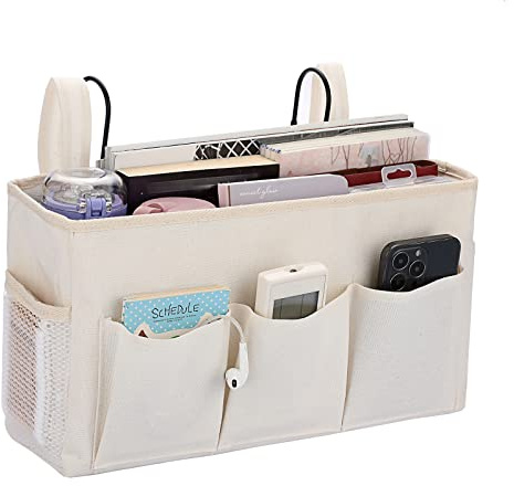 SUMTree Organizer da comodino sospeso 6 tasche borsa portaoggetti da comodino impermeabile cesto letto nastro adesivo magico e gancio per rivista, telefono, penne, telecomando (bianco)