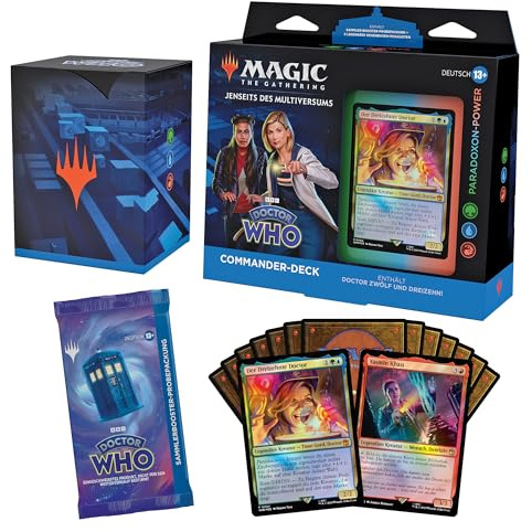 Magic: The Gathering Doctor Who Commander Deck – Paradoxon-Power (baraja de 100 Cartas, Paquete de Muestra de Refuerzo de coleccionista con 2 Cartas + Accesorios)
