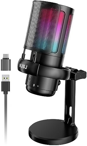 NJSJ Gaming Mikrofon PC RGB, Streaming Podcast Studio, USB Microphone für PS4 PS5 Mac, EIN-klick-Stummschaltung, Mit 3,5-mm-Kopfhöreranschluss,Drehregler zum Einstellen der Lautstärke