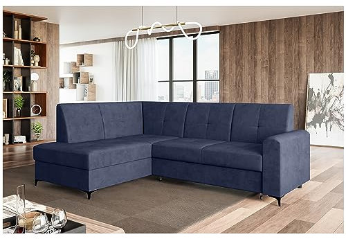 MEBLINI Schlafcouch mit Bettkasten - Kleines Ecksofa mit Schlaffunktion - Sofa mit Relaxfunktion - Kleine Couch L-Form - Eckcouch - Scandi - 236x171x85cm Links - Blau Samt