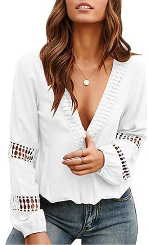 Damen Hemd sexy Spitze tiefer V-Ausschnitt Langarm Blusen mit Ausschnitt lockere lässige Tunika Oberteile einfarbige T-Shirts S-XXL