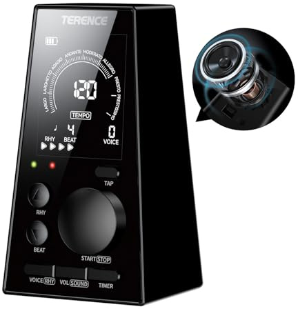 TERENCE Metrónomo Digital para Piano Guitar Bass Ukulele Instrument Electronic metrónomo con altavoz pantalla LCD volumen ritmo ajustable función de cronómetro recargable tempo 30-252 BPM