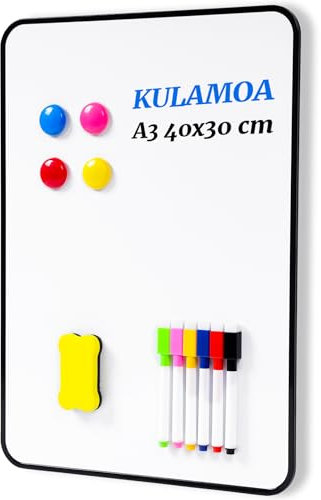 Tableau Blanc Magnetique 40x30cm, A3 Tableau Blanc Double Face avec 6 Stylos Marqueurs et Effaceur, Effaçable à Sec Tableau Aimanté Frigo pour Mémo, Plannings de Repas, Notes, Cuisine Liste