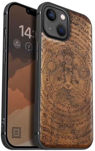 Carveit Coque magnétique pour iPhone 13 Coque Bois Cover, Bois Etui de téléphone Antichoc Compatible Magsafe avec Apple 13 Case (Noyer-Bouddha énigmatique)