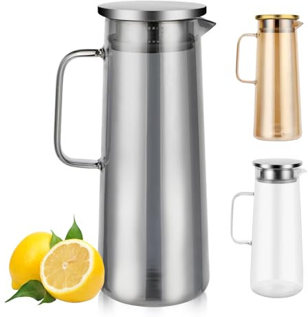 Auauraintt Jarra de Vidrio con Tapa, 1,5 L Jarras Agua Cristal,con Tapa de Acero Inoxidable, Vidrio de borosilicato Resistente al Calor, para Limonada, Agua, té y Zumos (Negro)