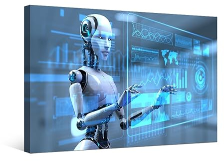 LSIUHWUWI Canvas Wall Art AI Robotics Pictures Robot Pressing Button on Screen Wall Paintings for Living Room Bedroom Office Modern Home Decor Framed Ready to Hang 12X16 INCH