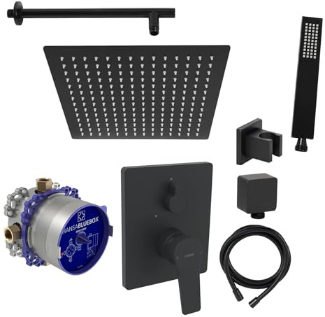 vanvilla Duschsystem Unterputz mit Duscharmatur Hansa schwarz AS102 | Duscharmatur von Hansa Twist Einhebelmischer und vanvilla Regendusche Duschkopf eckig, Dusch-Set schwarz matt