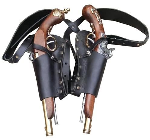 FHUILIJH Mittelalterliches Doppelpistolen-Waffenholster - Retro-Cosplay-Leder-Doppelsteinschloss-Schulterholste - Universelle versteckte Leder-Steinschlosshaltertasche für SCA LARP-Kostüm,Schwarz,10cm