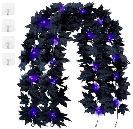 DBALL 2 Stück Künstliche Halloween Girlande 2m Künstliche Ahornblätter Schwarz Herbstgirlande Blätter Girlande für Drinnen Draußen Deko Halloween Party Order als Weihnachtsdeko